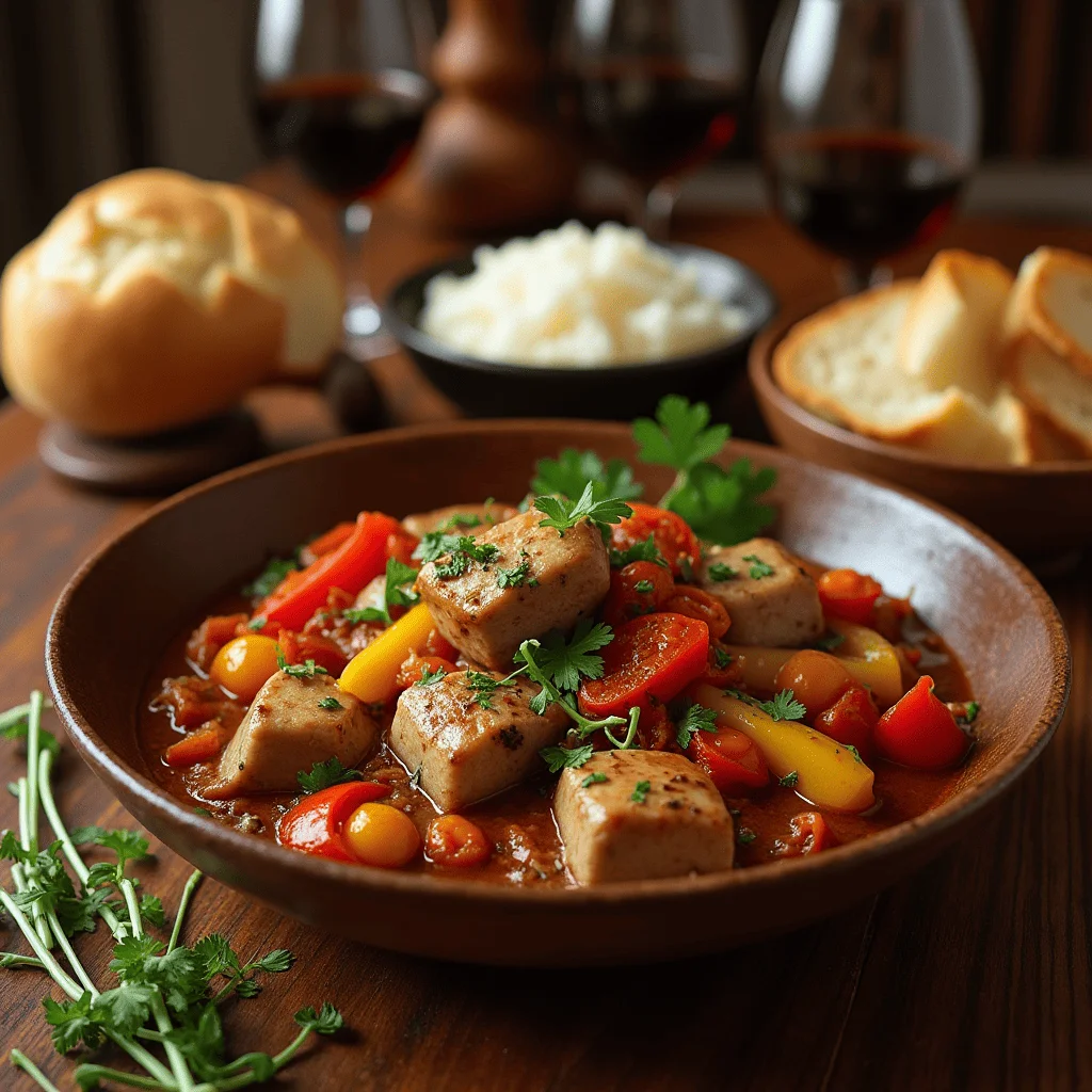 A plate of axoa de veau featuring tender veal in a rich sauce with bell peppers, garnished with parsley, served with rice and crusty bread on a rustic wooden table