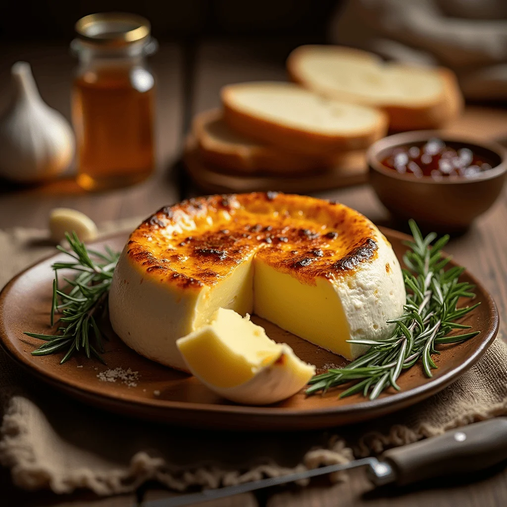 Camembert au four fraîchement cuit avec une croûte dorée, entouré de romarin et d'ail, servi avec des tranches de pain croustillant et un bol de miel.