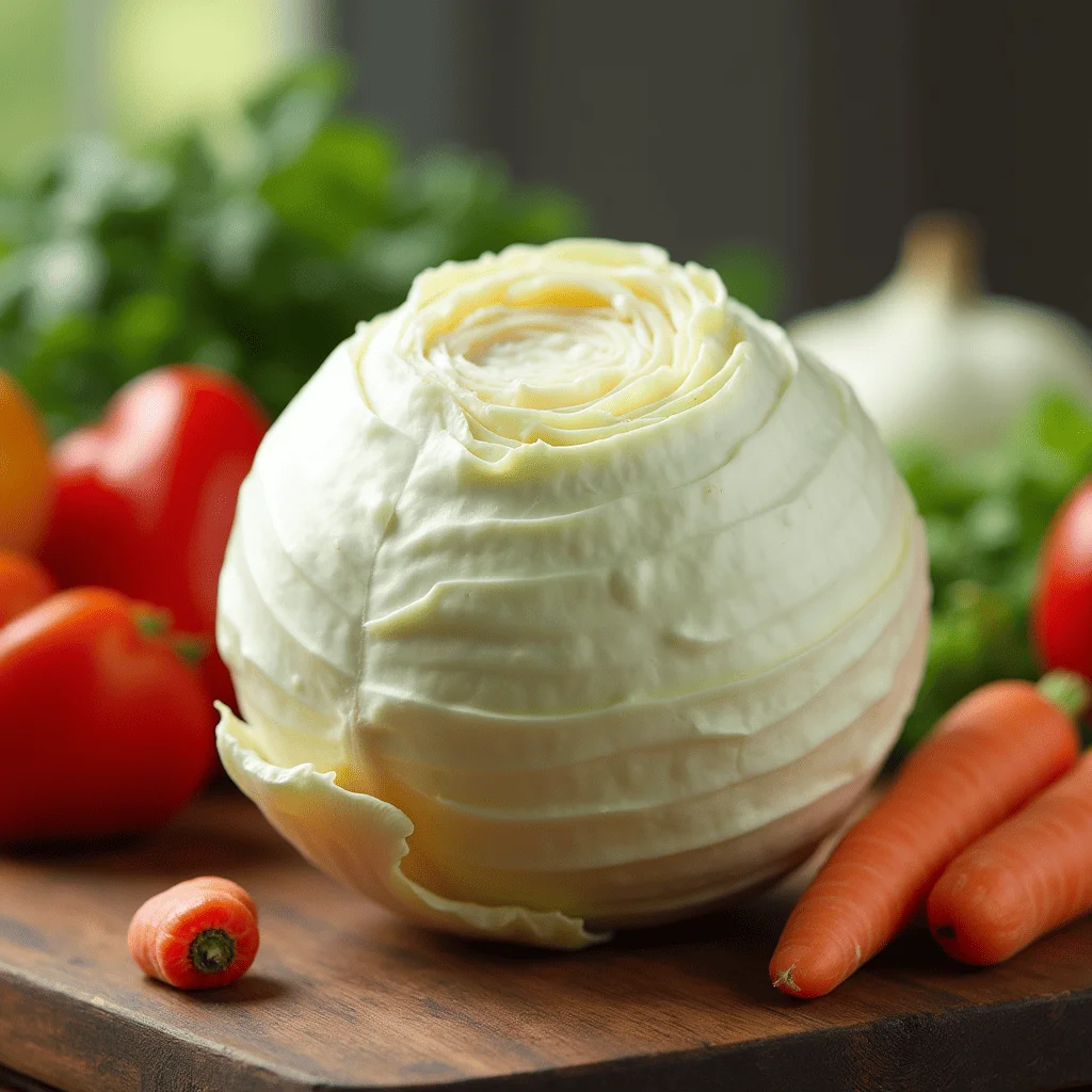 Gros plan sur un chou blanc frais sur une table en bois, entouré de légumes colorés.