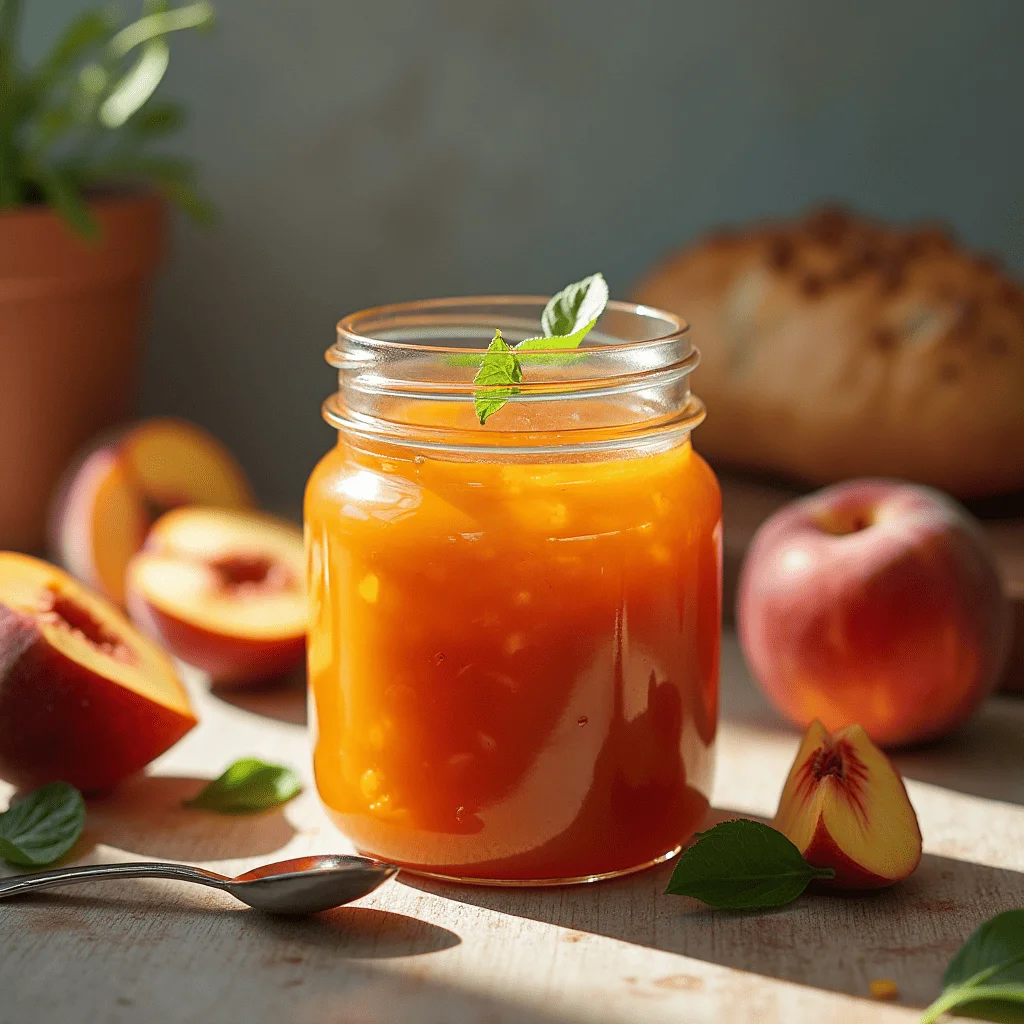 Un pot de confiture de pêche maison entouré de pêches fraîches, d'une planche à découper et d'un pain rustique, le tout éclairé par une lumière naturelle douce