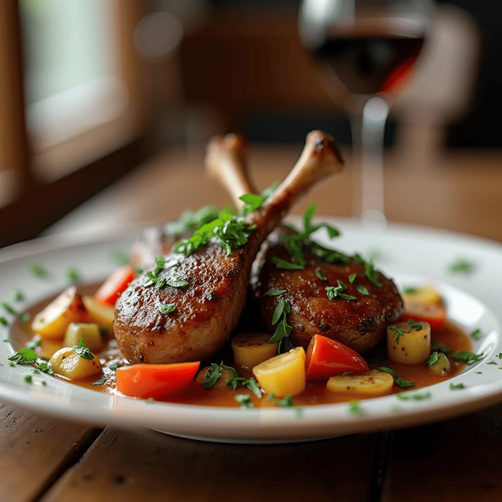 Plat de cuisse de canard confite, garni d'herbes fraîches et accompagné de légumes rôtis, sur une table en bois rustique.