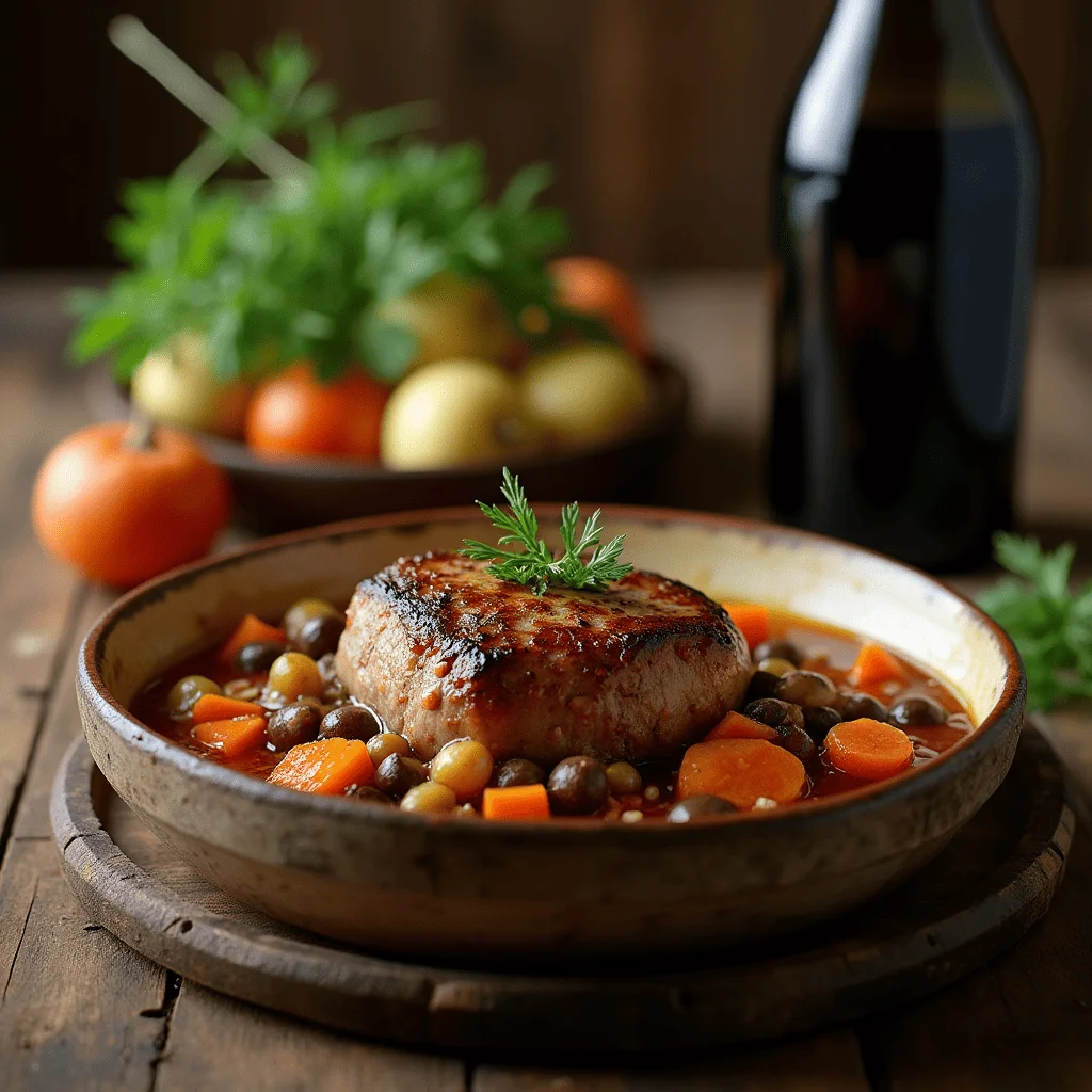 Plat de joue de bœuf mijotée dans une cocotte en fonte, garni de carottes, pommes de terre et champignons, avec des herbes fraîches et une bouteille de vin rouge en arrière-plan.