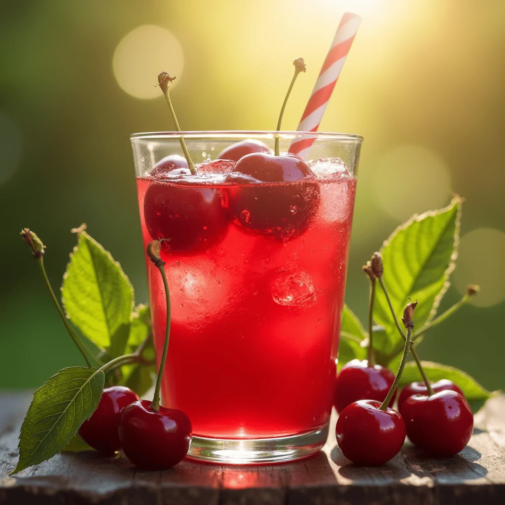 Un verre de jus de cerise vibrant, entouré de cerises fraîches et de feuilles vertes, avec un éclairage doux.