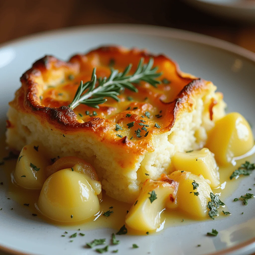 Gratin dauphinois crémeux dans un plat en céramique, avec une croûte dorée et des herbes fraîches en décoration.