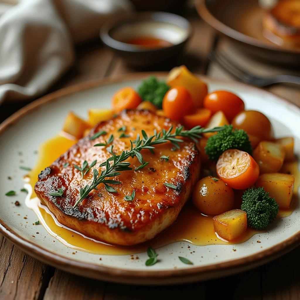 Assiette de magret de canard au miel, tranché et nappé de sauce, accompagné de pommes de terre rôties et de légumes de saison