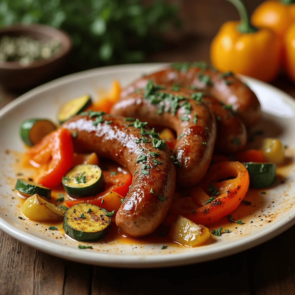 Plateau de merguez au four avec légumes rôtis colorés et herbes fraîches