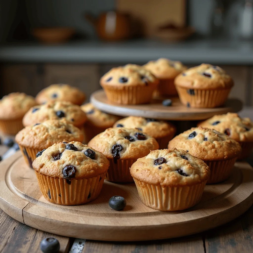 Assortiment de muffins frais aux myrtilles, pépites de chocolat et banane, présentés sur une table en bois rustique.