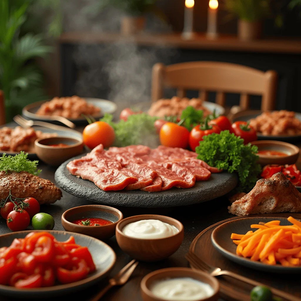 A beautifully arranged pierrade setup featuring a heated stone slab surrounded by fresh marinated meats, colorful vegetables, and various dipping sauces, creating a warm and inviting atmosphere for a shared dining experience