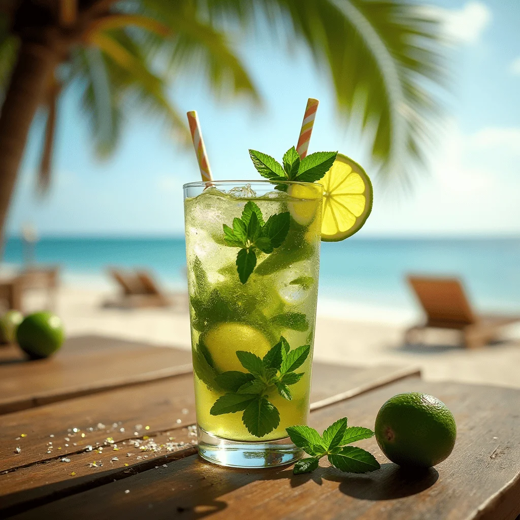 Un verre de mojito frais avec des feuilles de menthe et des tranches de citron vert, posé sur une table en bois rustique, avec une plage ensoleillée en arrière-plan