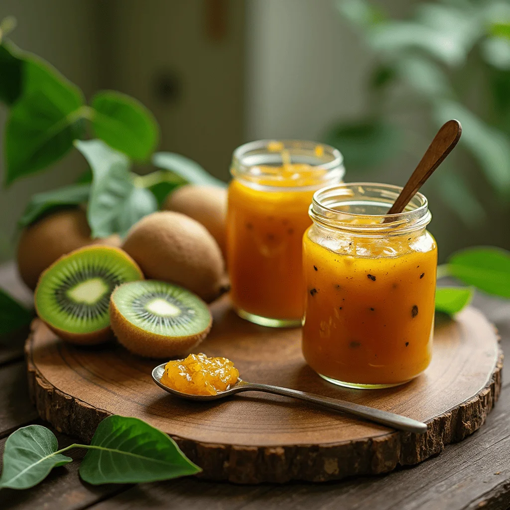 Des bocaux de confiture de kiwi maison entourés de fruits de kiwi frais sur une table en bois rustique