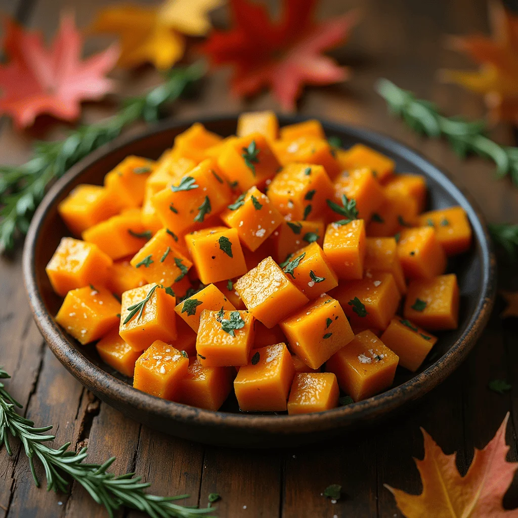 Rôtie de courge butternut au four, présentée sur une table en bois rustique, garnie d'herbes fraîches.