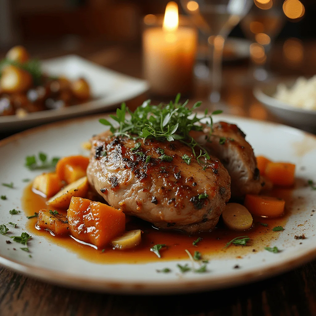 Épaule d'agneau rôtie, garnie de romarin et accompagnée de légumes rôtis sur une table rustique